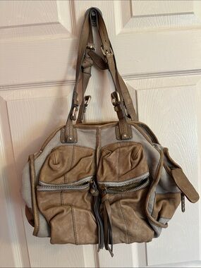 Women's Taupe Canvas & Leather Shoulder Bag with Front Zips